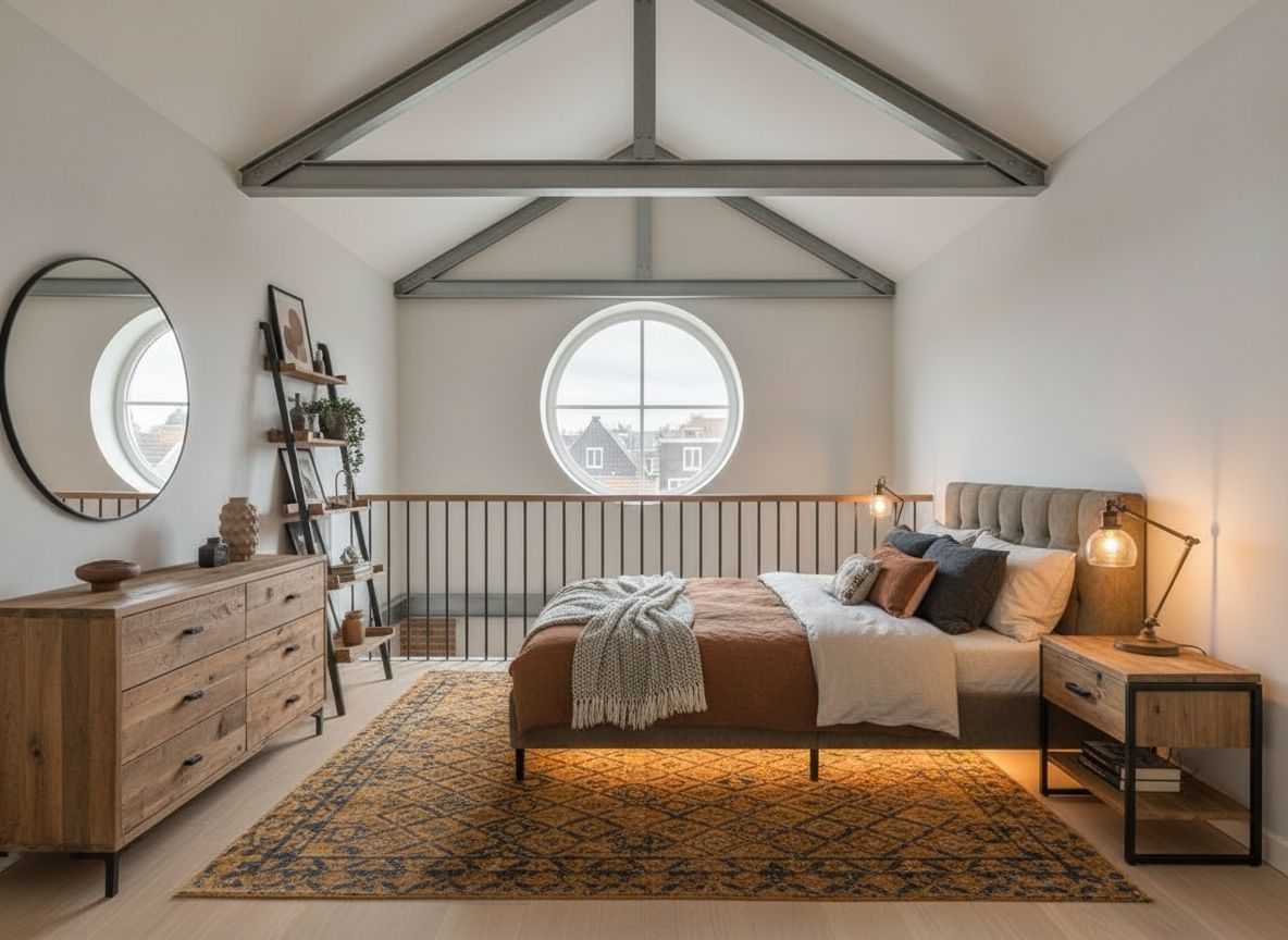 Dezelfde vide-slaapkamer ingericht in Loft-stijl (AI-impressie)