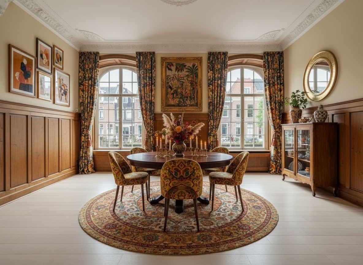 Dezelfde eetkamer ingericht in Maximalistisch-stijl (AI-impressie)