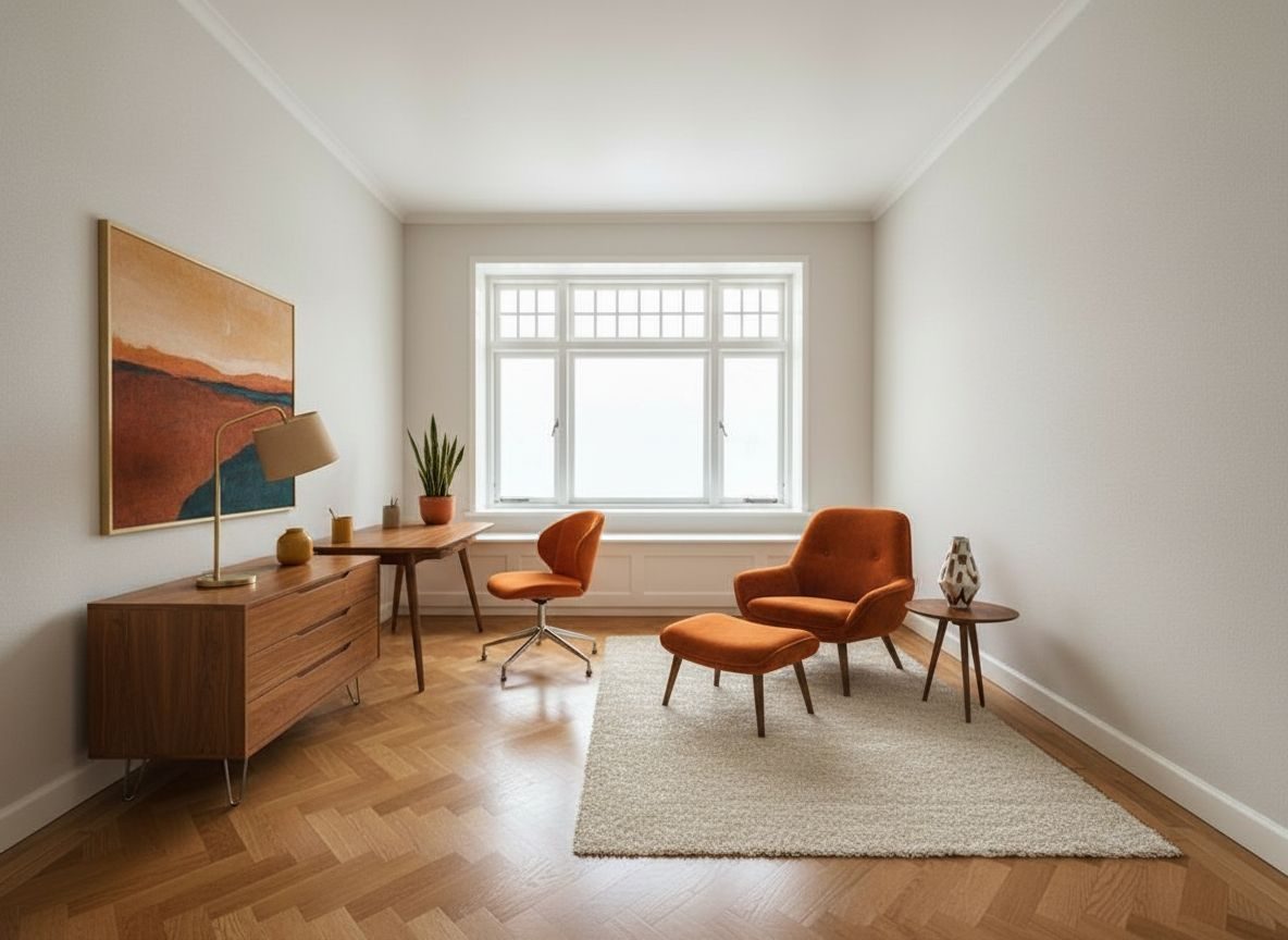 Dezelfde werkkamer ingericht in Mid-century-stijl (AI-impressie)