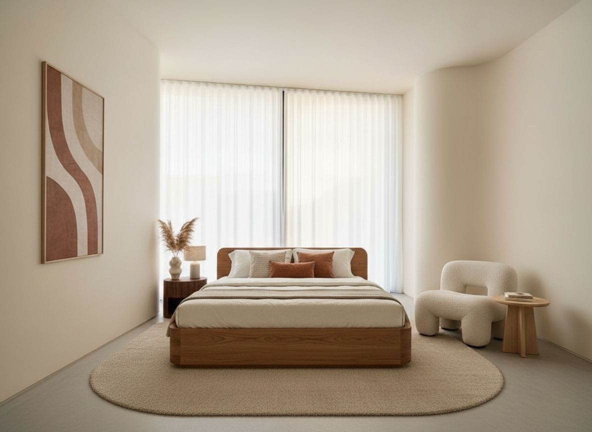 Dezelfde slaapkamer ingericht in Organic modern-stijl (AI-impressie)