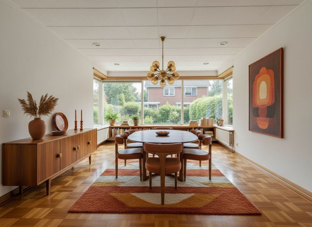 Dezelfde verdiepte eethoek ingericht in Retro jaren ’70-stijl (AI-impressie)