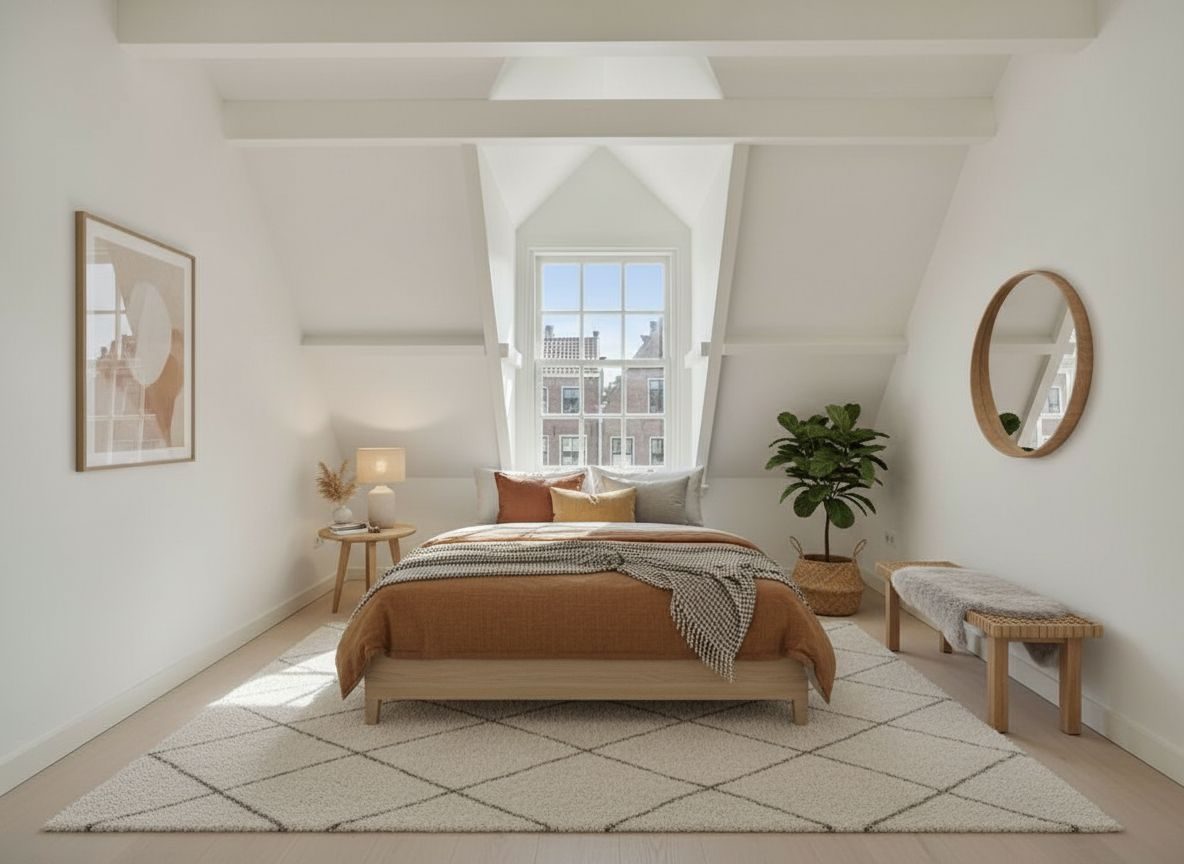 Dezelfde slaapkamer met dakkapel ingericht in Scandinavisch-stijl (AI-impressie)