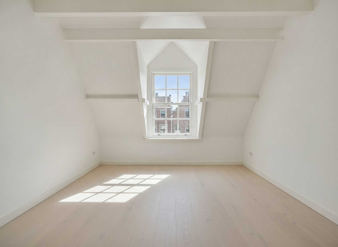 Lege slaapkamer met dakkapel vóór het inrichten (demokamer)