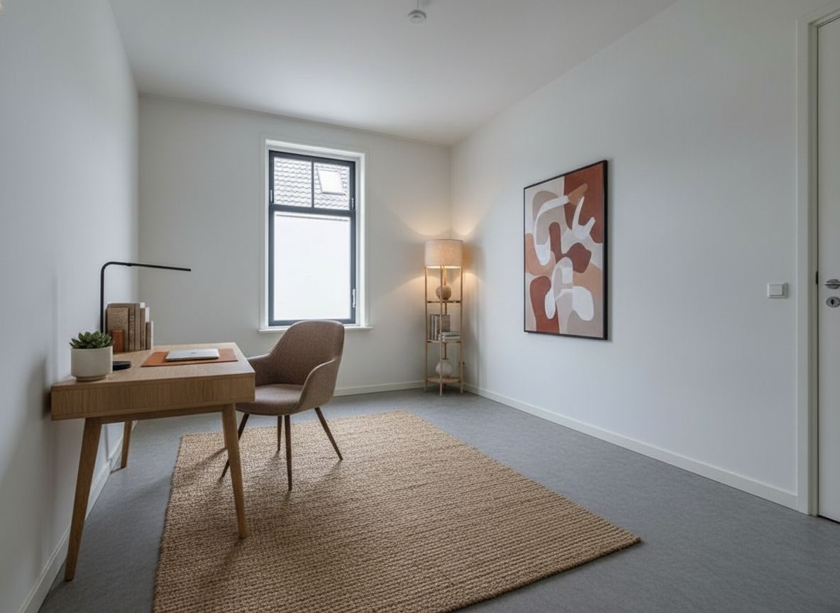 Dezelfde thuiskantoor ingericht in Strak & minimalistisch-stijl (AI-impressie)