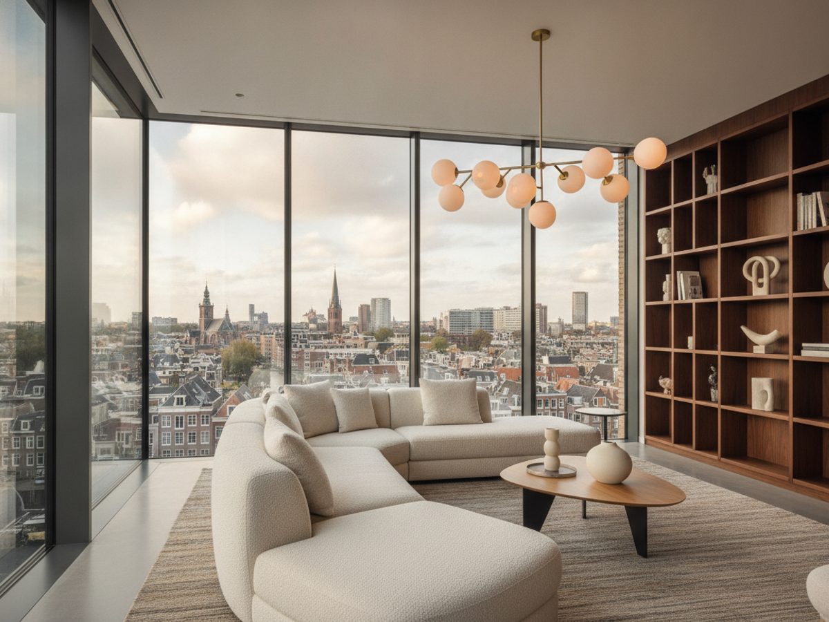 Penthouse virtueel gestyled — Vastgoedstudio Modern penthouse met stadszicht, virtueel gestyled met Vastgoedstudio AI-staging (AI-impressie)