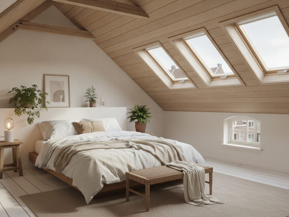 Zolderslaapkamer na virtual staging — Vastgoedstudio Zolderslaapkamer met dakramen, virtueel ingericht via Vastgoedstudio AI-staging (AI-impressie)