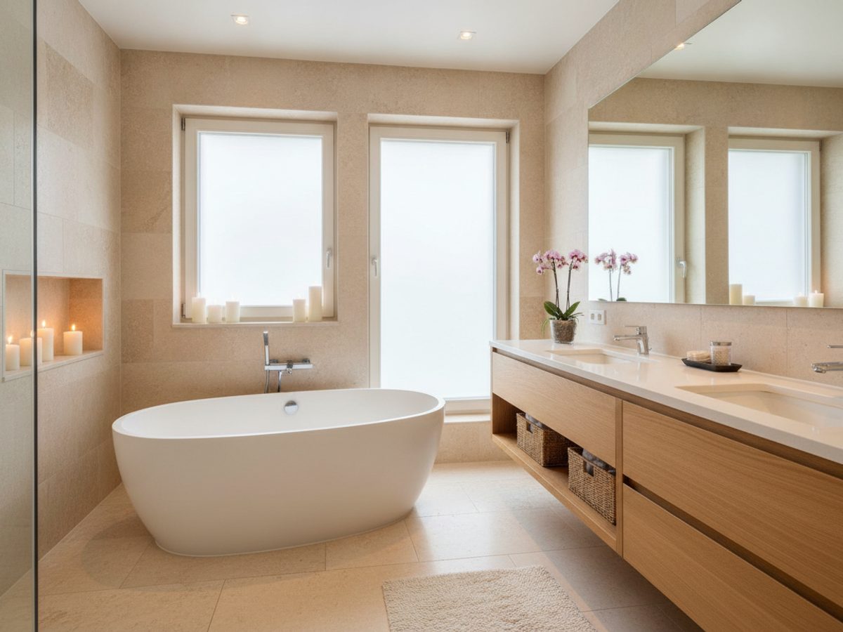 Wat kost virtual staging in Nederland — Vastgoedstudio Spa-stijl badkamer met vrijstaand bad, virtueel gestyled — voorbeeld van virtual staging in Nederland