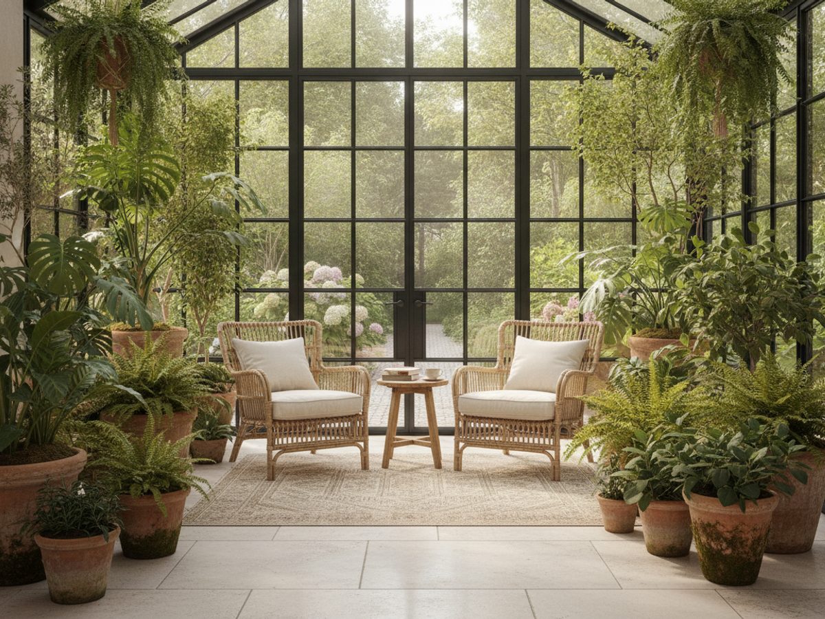Serre virtueel gestyled — Vastgoedstudio Lichte serre met planten en rotan fauteuils, virtueel gestyled met Vastgoedstudio (AI-impressie)