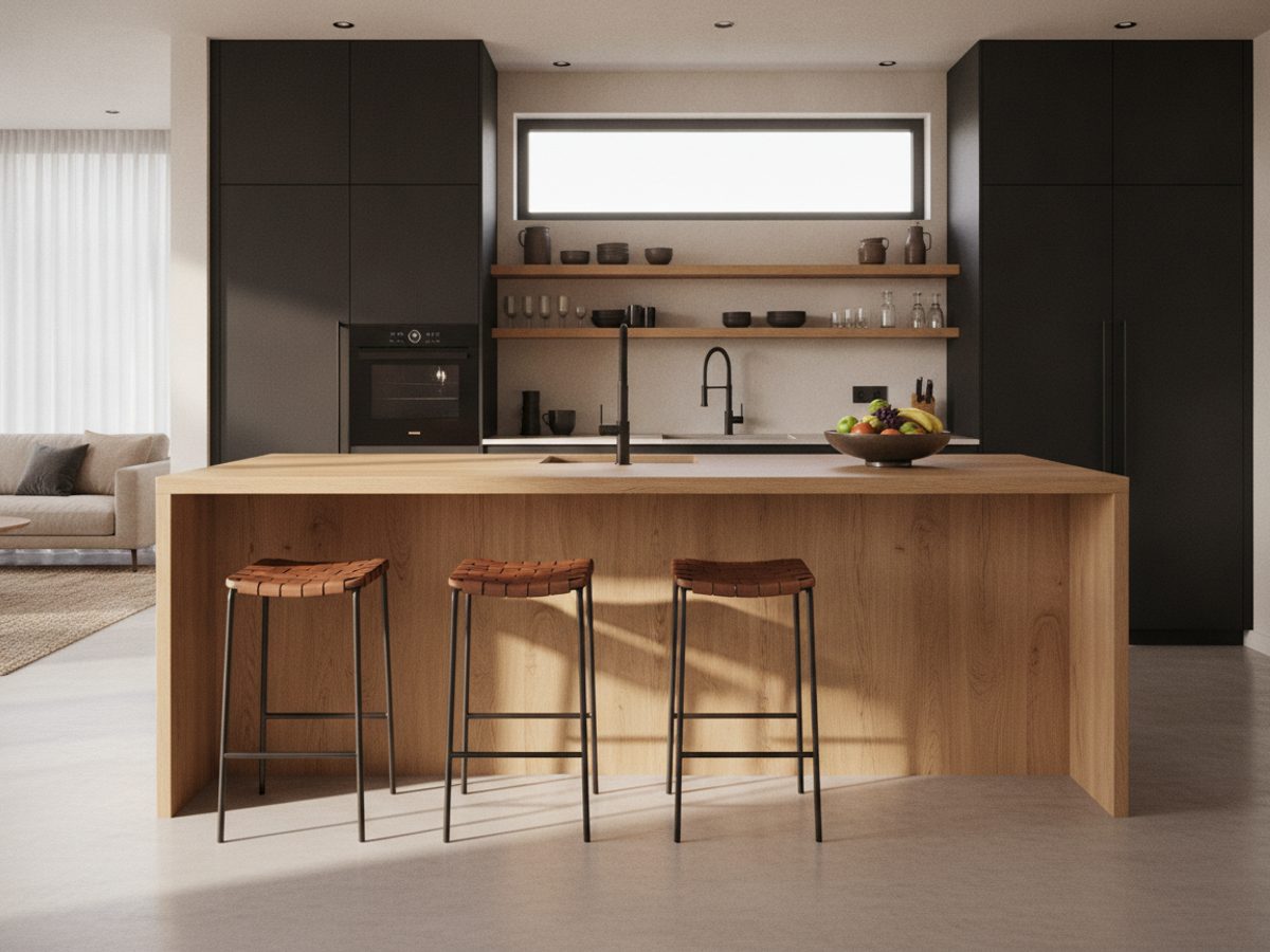 Nieuwbouw-woonkeuken virtueel gestyled — Vastgoedstudio Moderne nieuwbouw-woonkeuken met kookeiland, virtueel gestyled met Vastgoedstudio (AI-impressie)