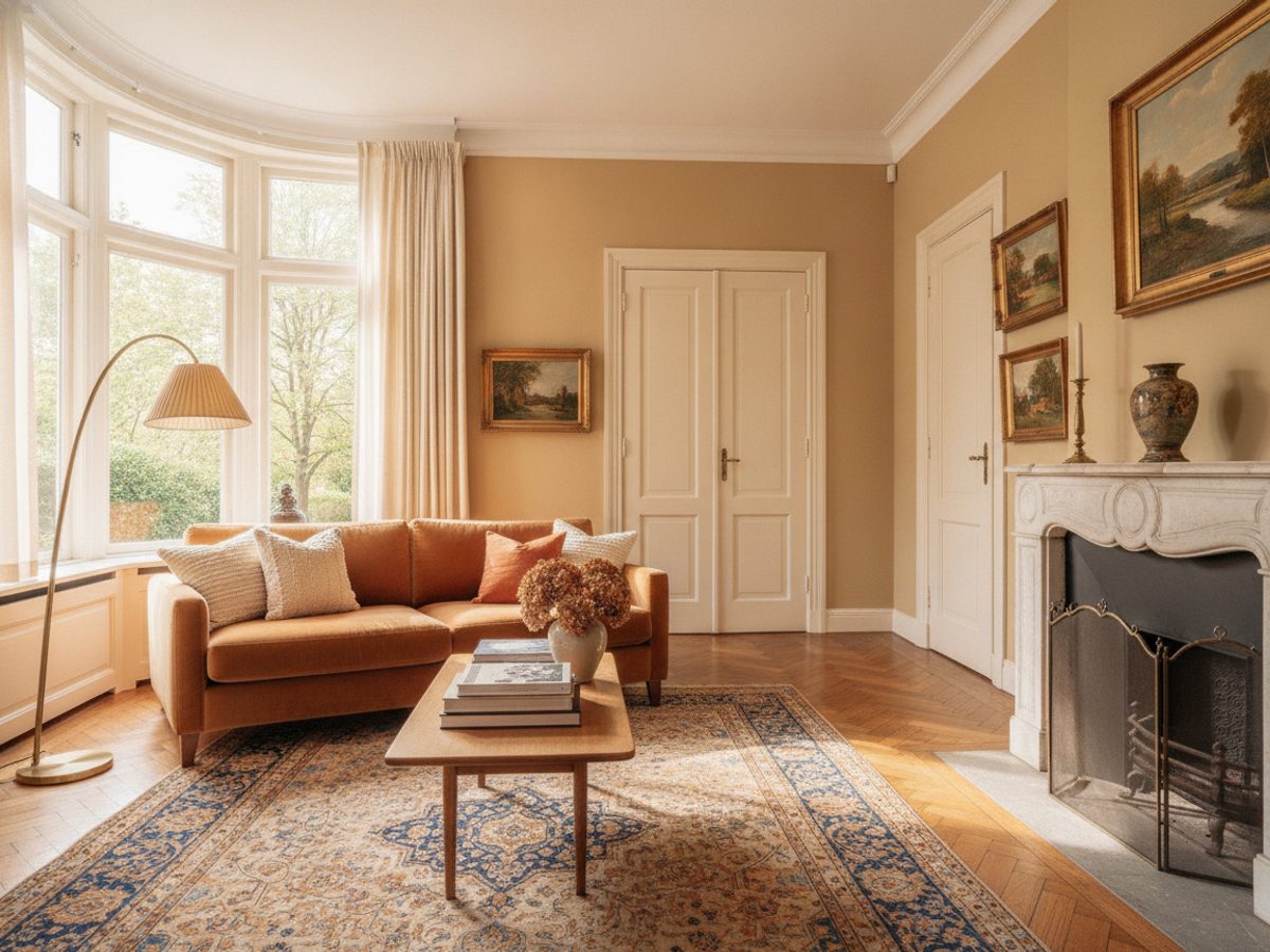 Jaren-30 woonkamer virtueel gestyled — Vastgoedstudio Warm gestylede jaren-30 woonkamer met erker, virtueel ingericht met Vastgoedstudio (AI-impressie)