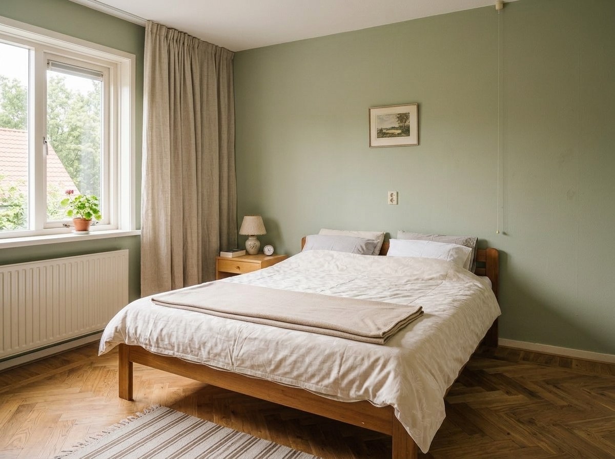Dezelfde slaapkamer met saliegroene muren, linnen gordijnen en eiken visgraatvloer (echte tooloutput)