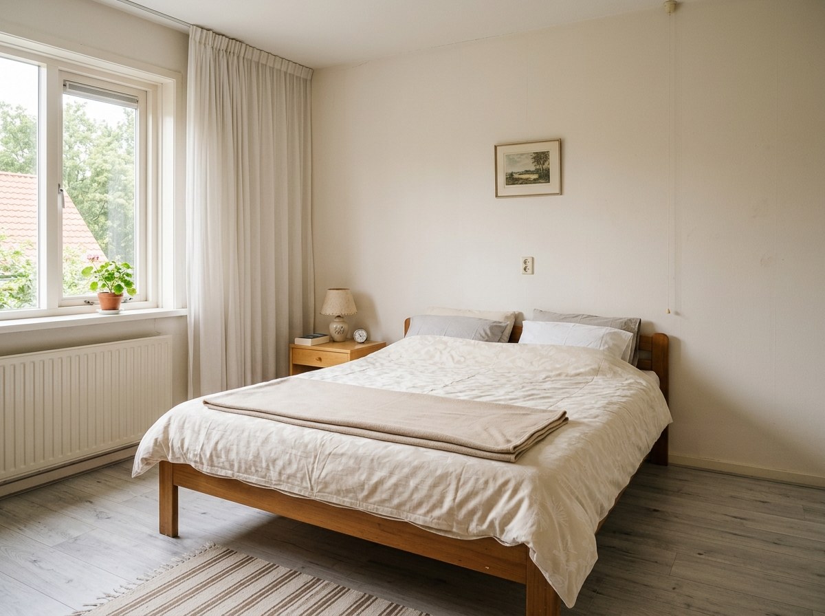 Slaapkamer met beige muren, dunne witte gordijnen en grijze laminaatvloer (demokamer)
