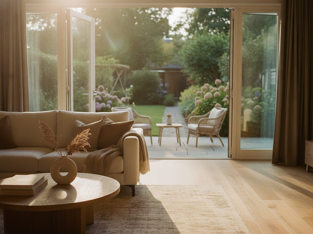 Filmisch beeld door een lichte woonkamer naar openslaande tuindeuren, als still uit een woningvideo