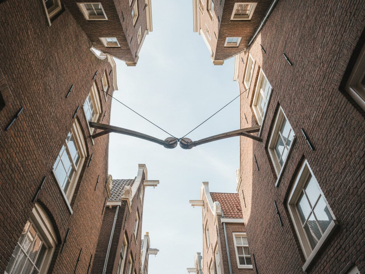 Smalle Jordanese panden met verschillende gevelhoogtes aan een nauwe straat — virtual staging Jordaan