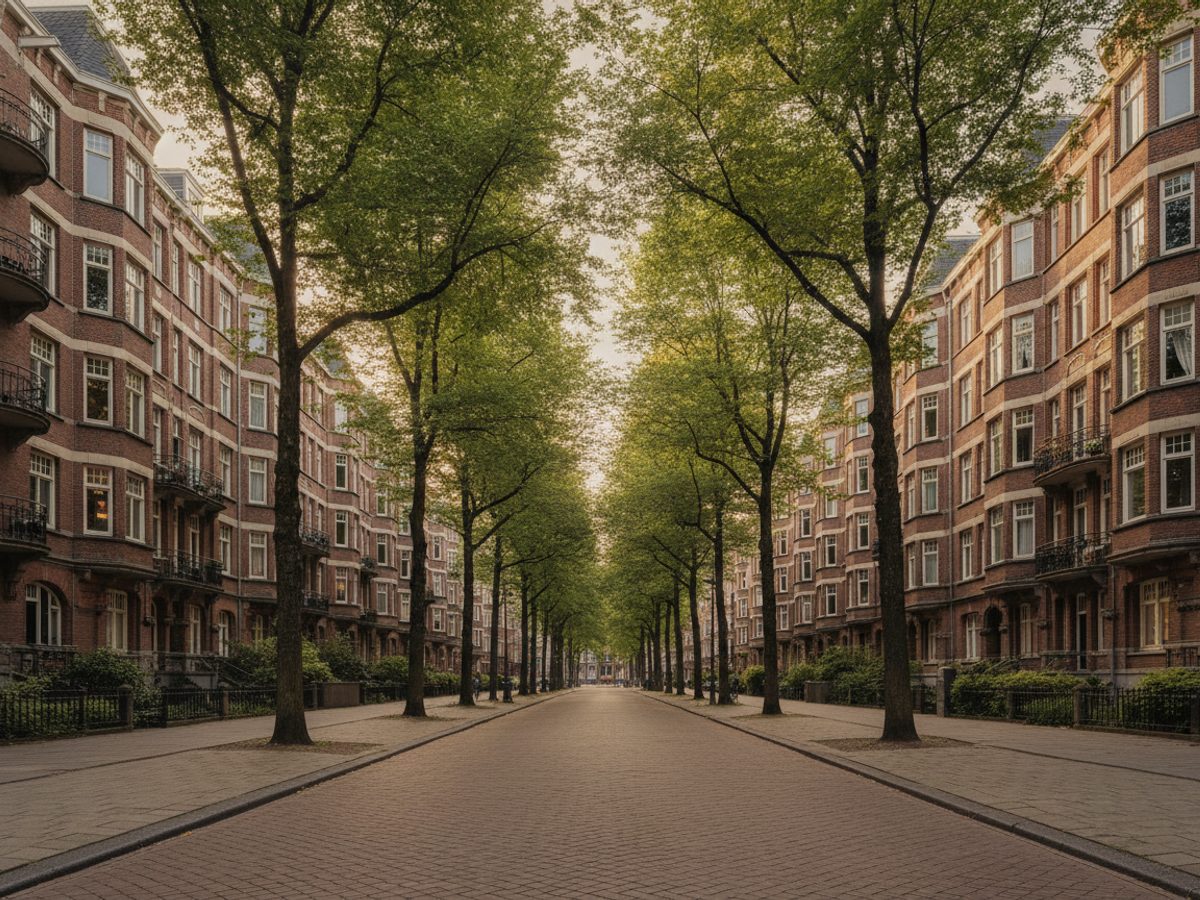 Virtual staging Oud-Zuid Amsterdam — Vastgoedstudio Statige Amsterdamse herenhuizen met hoge ramen aan een brede straat met bomen — virtual staging Oud-Zuid